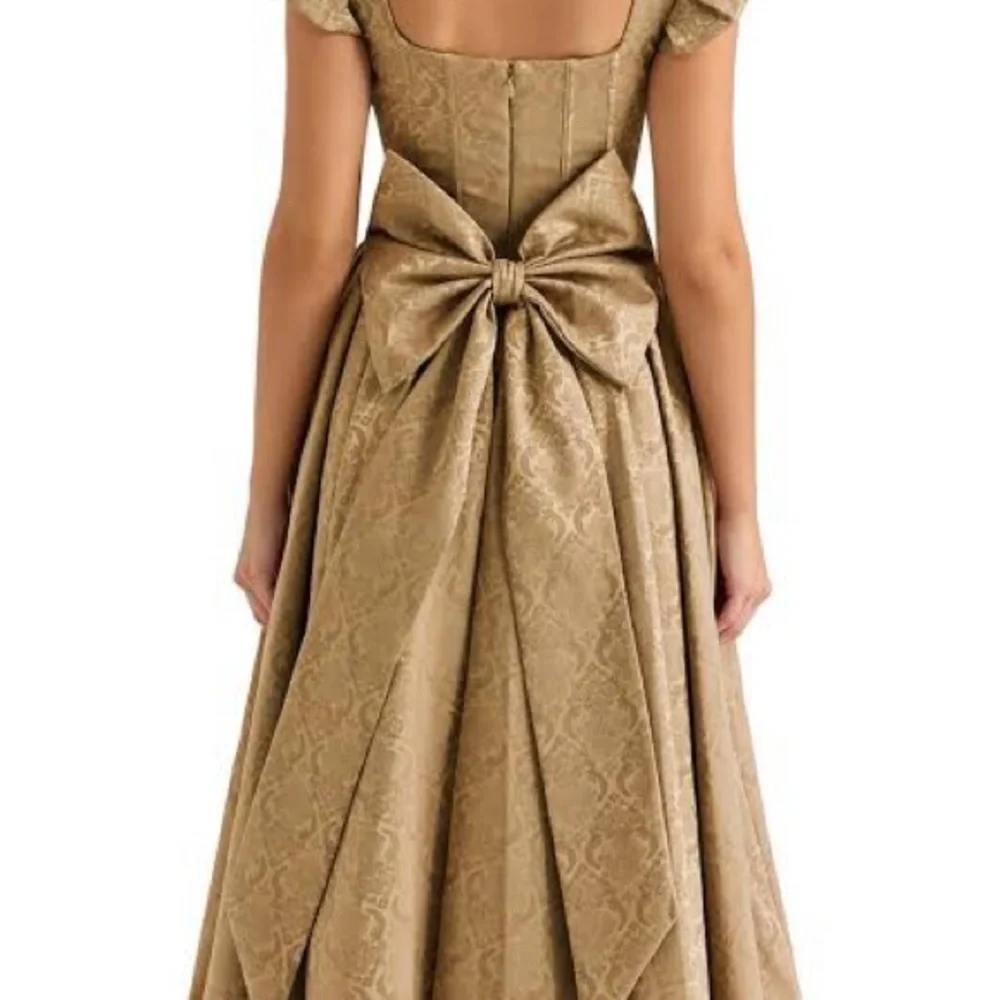 House of CB Brown Midi Dress Ruffle Sleeves xs Alessandra corset jacquard gold - Picture 6 of 12